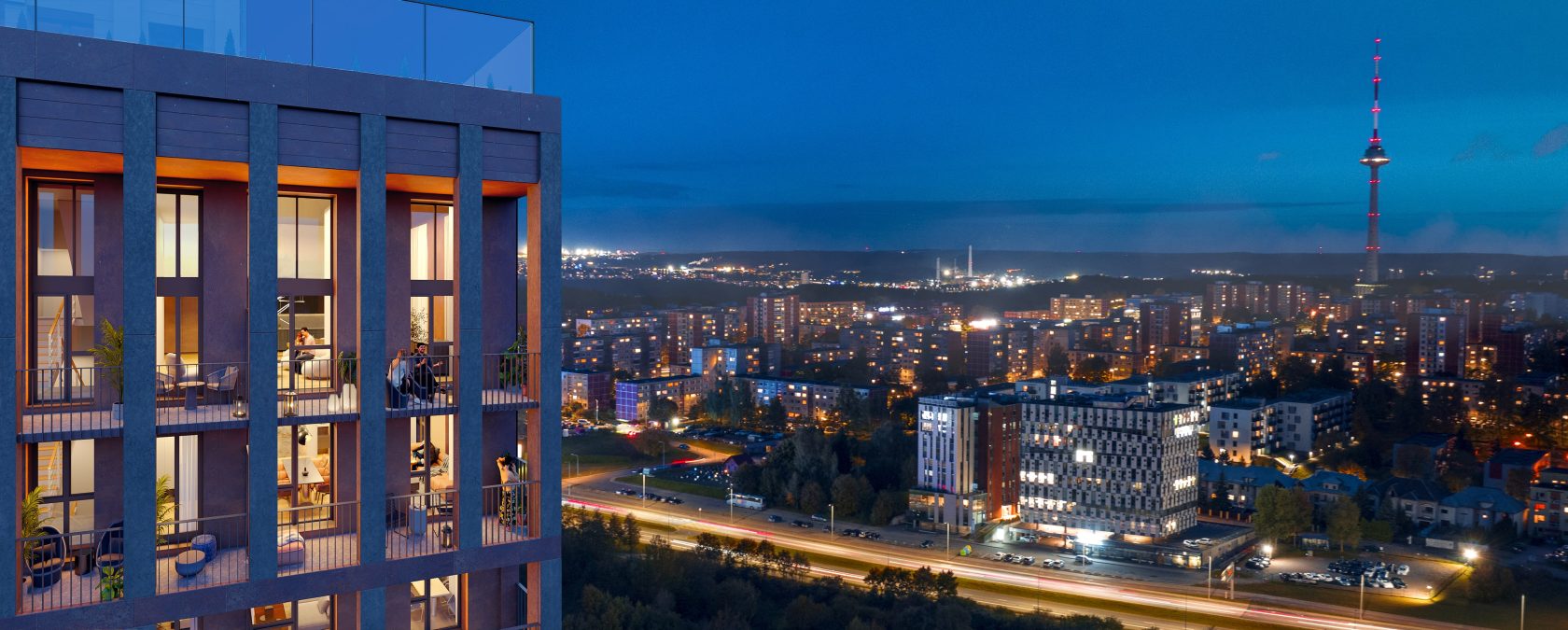 Bokšto balkonai ir miesto panorama su televizijos bokštu